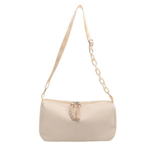 Minimalist beige crossbody bag with decorative chain and dual woven zipper pullers