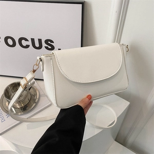 Minimalist white PU leather flap shoulder bag with gold metal buckle and slender strap