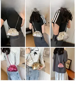Collage of metallic pleated cloud bags in silver, gold, and magenta with chain straps