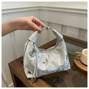 Women Pleated Shoulder Bag With Metal Butterfly Decor Trendy Hobo Underarm Purse Y2K Style PU Leather Chic Handbag