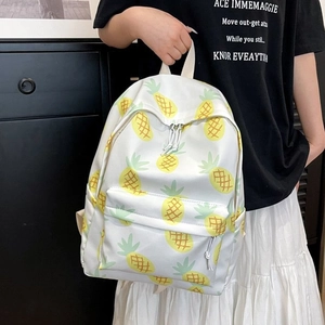 Cute large capacity white canvas backpack with yellow pineapple prints and front pocket