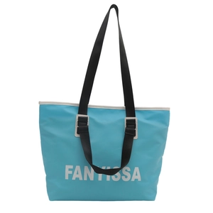 Sky blue waterproof nylon tote bag with wide black straps and FANYISSA branding
