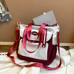 Large Capacity Contrast Color Canvas Tote Bag Multi Pocket Shoulder Crossbody Handbag For Women Casual Daily School