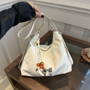 Women's Hobo Bag PU Leather Suede Texture With Bowknot Metal Charm Large Capacity Shoulder Crossbody Bag Korean Style