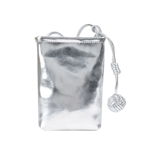 Silver metallic minimalist crossbody bag with handcrafted knotted strap on white background