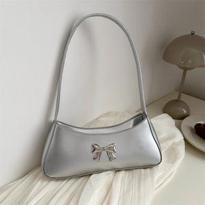 Silver metallic bow handbag, stylish candy-colored underarm shoulder bag for women