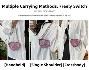 Pink heart-shaped glitter bag showing handheld, shoulder and crossbody wearing styles
