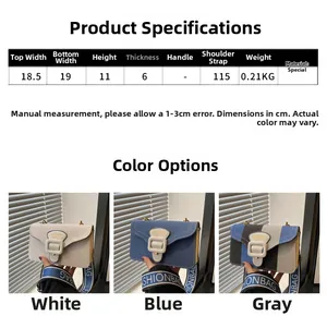 Size chart showing dimensions for a contrast letter crossbody bag with wide strap details