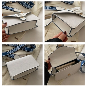 Detailed views of white crossbody bag with blue trim and striped FASHIONBAG strap