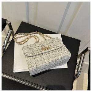 Detailed view of white tweed chain bag with gold metallic clasp and woven texture