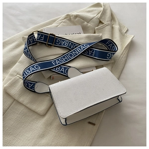 Detail of structured canvas bag featuring a contrast wide blue and white fashion strap