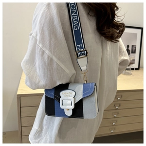 Detail of color-block striped shoulder bag with wide strap and white square buckle