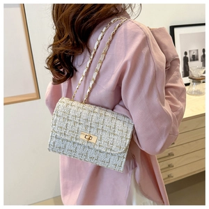 Detail view of beige tweed shoulder bag with golden chain strap and metallic clasp