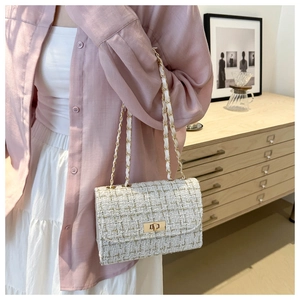 Detail of tweed crossbody bag featuring golden turn-lock closure and chain strap