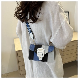 Detail of color-block striped crossbody bag with wide logo strap and fashion buckle