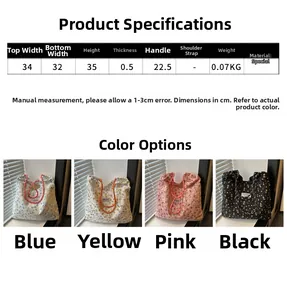 Size chart and dimensions guide for floral canvas tote bags in various colors