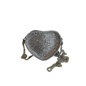 Sparkling silver heart-shaped chain bag with high-density rhinestones and metallic sequins