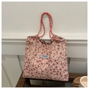 Floral Print Bucket Bag Seersucker Nylon Drawstring Shoulder Bag With Rope Strap Lightweight Daily Summer Shopping For Women