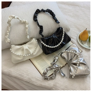 Glossy PU pleated underarm bag with beaded chain strap in black, beige and silver