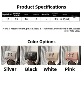 Detailed size chart and four-color display of mini PU crossbody bags with butterfly bow