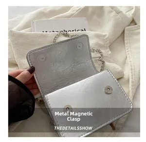 Detail view of silver pleated shoulder bag featuring dual magnetic snap closures and chain