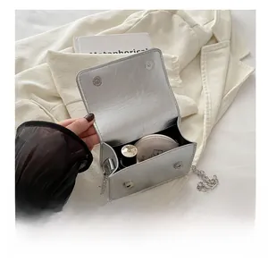 Detailed interior of silver chain crossbody bag showing capacity for lipstick and powder