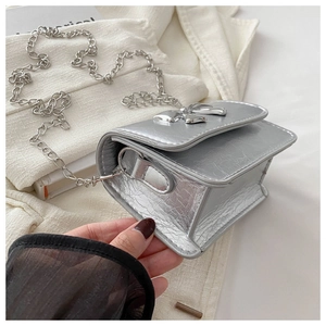 Close-up of silver chain bag featuring metallic butterfly clasp and cracked texture leather