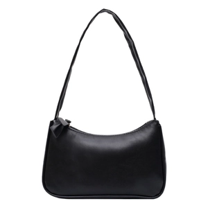 Minimalist black PU leather hobo underarm bag with cute bow zipper detail on white background