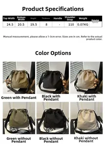 Detailed chart showing nylon bucket bag dimensions and available color options