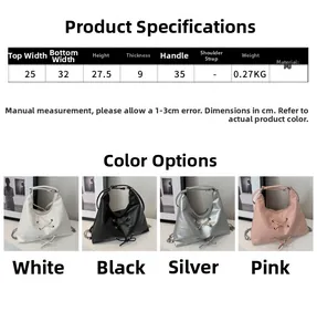 Size chart showing PU leather tote bag dimensions and available colors like silver and pink