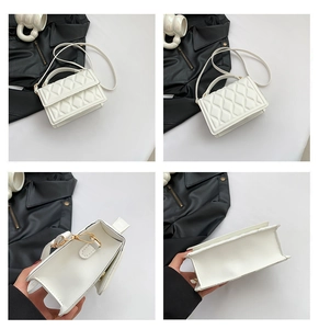 Detailed views of a white quilted crossbody bag with gold hardware and rhombic pattern