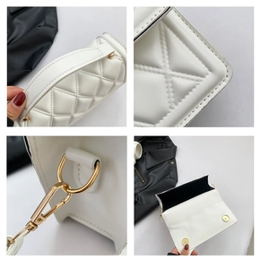 Detailed views of white quilted crossbody bag with gold hardware and black interior
