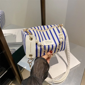 Damen Zylinder Umhängetasche Gestreift Cartoon Druck Künstliche Perlenkette Griff Strukturierte Nylon Schultertasche Mode Handtasche