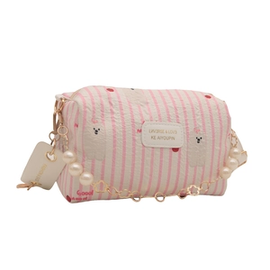 Zylindertasche in Rosa gestreift mit Welpen-Druck und eleganter Perlen-Griffkette