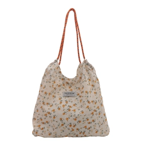 Floral print nylon tote bag with drawstring closure and orange woven shoulder straps