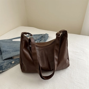 Patchwork Shoulder Bag PU Leather Large Capacity Women Retro Commuter Hobo Tote Bag With Adjustable Strap