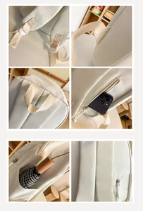 Details des weißen Rucksacks mit verstärktem Griff und versteckter Rückentasche