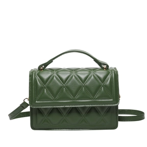 Deep green quilted crossbody bag in glossy PU leather with gold hardware and top handle