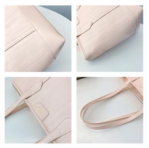 Detailed views of light pink tote bag featuring wavy embossed texture and brand logo