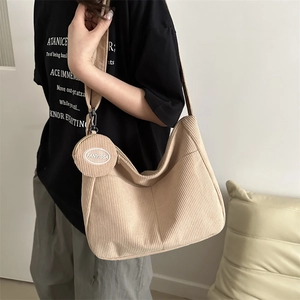 Corduroy Shoulder Bag Women Large Capacity Hobo Crossbody Bag With Mini Round Coin Purse Charm Casual Retro Solid Color