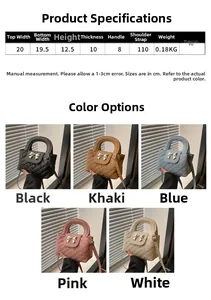 Quilted mini square handbag size chart with detailed dimensions and PU material info
