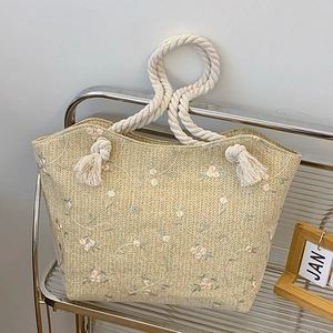 Floral Embroidery Straw Tote Bag Women Summer Beach Woven Shoulder Handbag Large Capacity Cotton Rope Handle Tassel