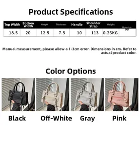 Guide des tailles du sac en PU avec dimensions et coloris noir blanc gris et rose