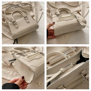 Détails multi-angles d'un mini sac Boston en similicuir crème avec bandoulière réglable
