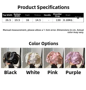 Guide des tailles du sac seau à nœud avec dimensions et détails de la bandoulière
