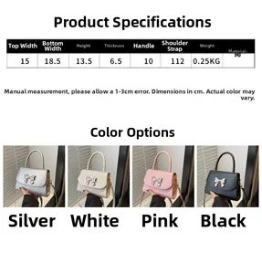 Detailed size chart and dimensions for the bow-decorated PU leather crossbody bag