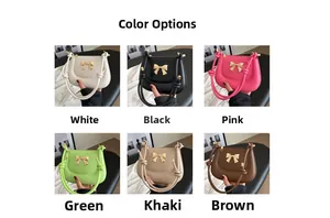 Chic saddle bags collection showing six colors with gold bow buckles and knotted straps