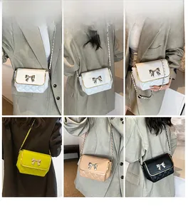 Detail shots of quilted crossbody bags with metal butterfly buckle in four colors
