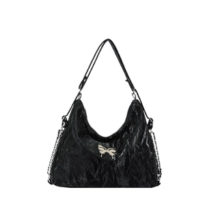 Glossy black pleated shoulder bag with silver butterfly metal ornament and chain strap