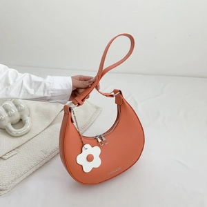 Women Crescent Hobo Bag PU Leather Solid Color Underarm Shoulder Bag With Flower Charm Casual Daily Minimalist Style